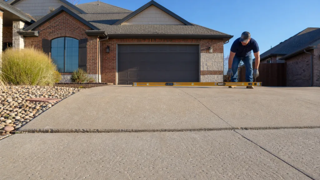 Contractor measuring a settled Amarillo concrete driveway with a long level