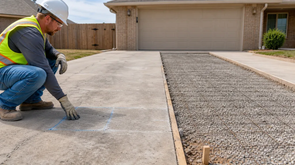 Amarillo contractor comparing a repairable driveway panel with a prepared replacement section