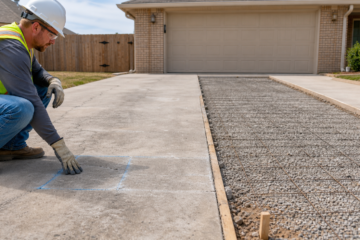Amarillo contractor comparing a repairable driveway panel with a prepared replacement section