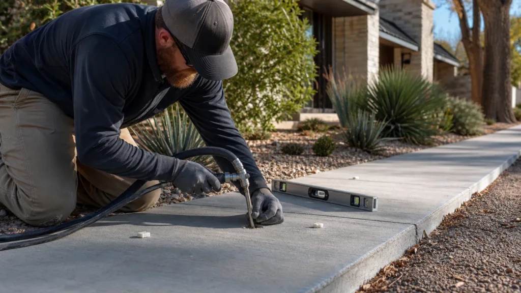 Technician performing controlled polyurethane foam injection on an Amarillo sidewalk