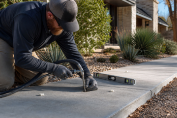 Technician performing controlled polyurethane foam injection on an Amarillo sidewalk
