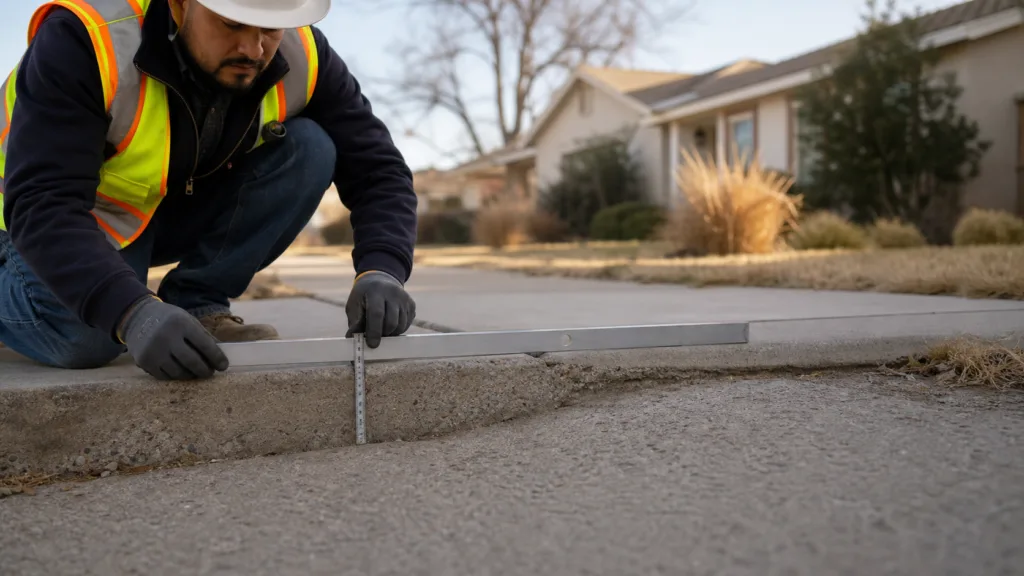 Inspector measuring an uneven Amarillo sidewalk joint for trip-hazard repair