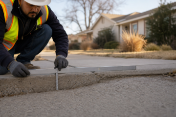 Inspector measuring an uneven Amarillo sidewalk joint for trip-hazard repair
