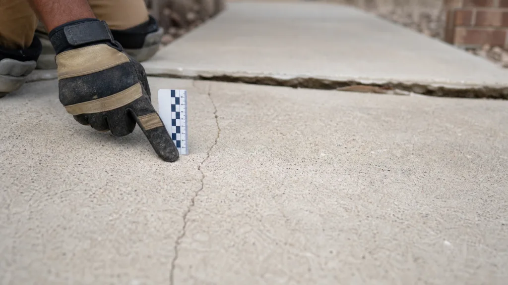 Close inspection of a hairline crack and uneven joint on Amarillo concrete