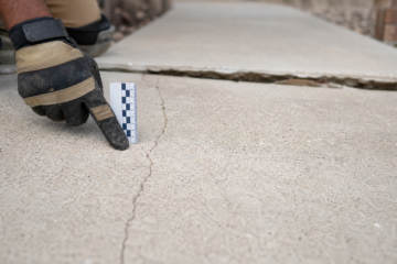 Close inspection of a hairline crack and uneven joint on Amarillo concrete