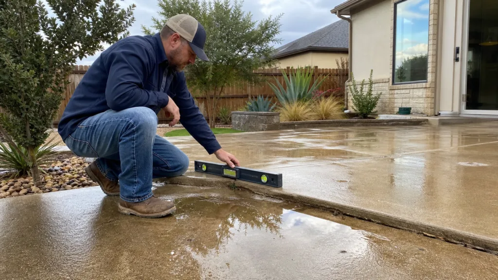 Post-rain inspection of pooled water on a settled Amarillo concrete patio