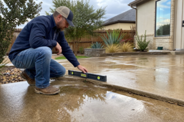 Post-rain inspection of pooled water on a settled Amarillo concrete patio