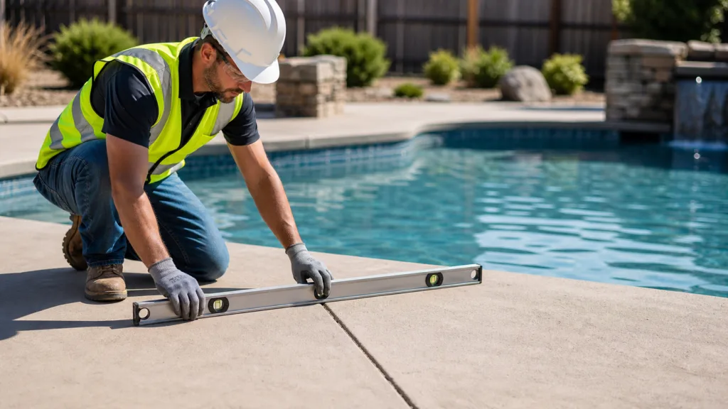 Technician leveling an Amarillo swimming pool deck beside calm water