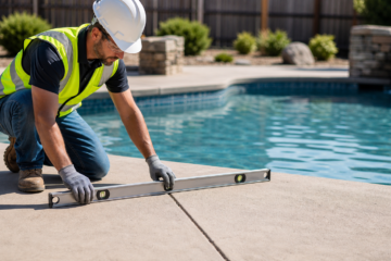 Technician leveling an Amarillo swimming pool deck beside calm water