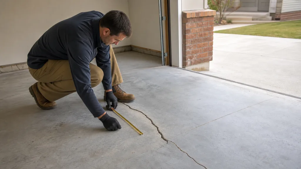 Amarillo garage floor crack inspection with measurement tools and natural concrete texture