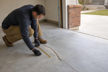 Amarillo garage floor crack inspection with measurement tools and natural concrete texture