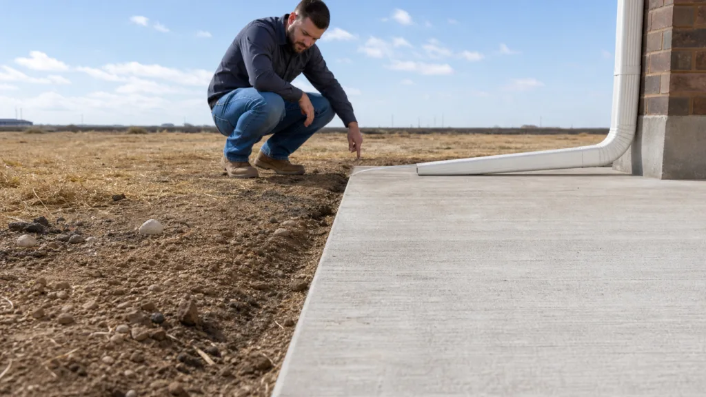 Wide Amarillo slab inspection showing dry High Plains soil and controlled drainage