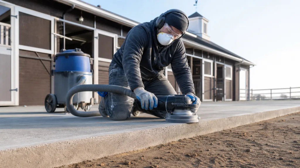 Professional dust-controlled concrete grinding on an Amarillo sidewalk transition