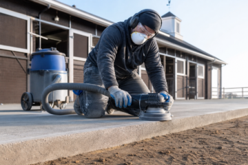 Professional dust-controlled concrete grinding on an Amarillo sidewalk transition