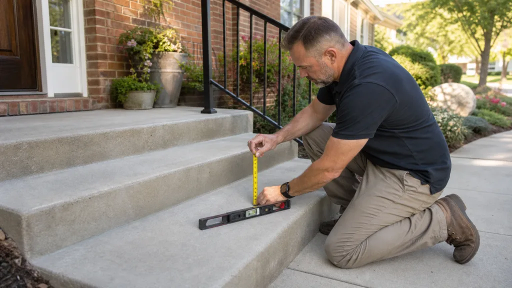 Amarillo porch steps and landing being checked for level and safe transitions
