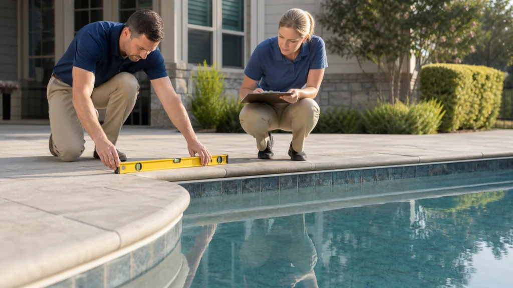 Amarillo pool area inspection comparing deck elevation with coping and waterline