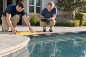 Amarillo pool area inspection comparing deck elevation with coping and waterline