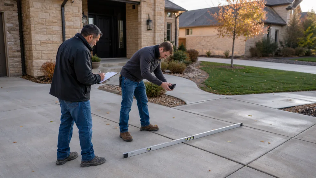 Amarillo homeowner seasonal concrete walk-around with clipboard and level