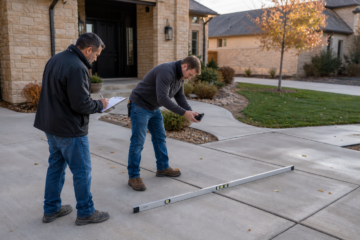 Amarillo homeowner seasonal concrete walk-around with clipboard and level