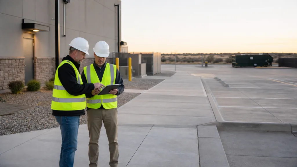 Amarillo facility manager reviewing a mapped commercial concrete maintenance inspection