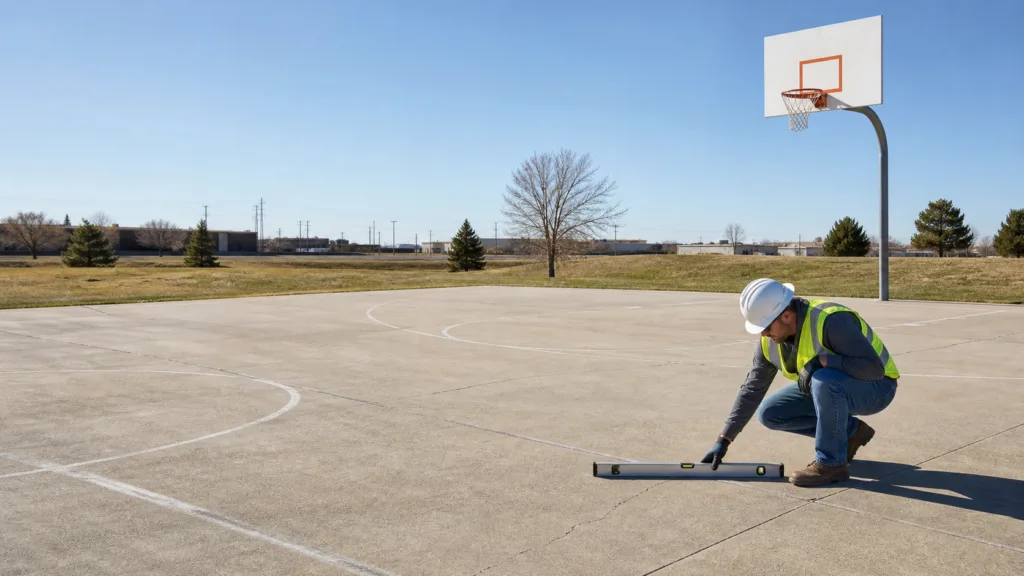 Empty Amarillo concrete basketball court inspected for cracks and levelness