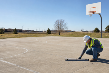 Empty Amarillo concrete basketball court inspected for cracks and levelness