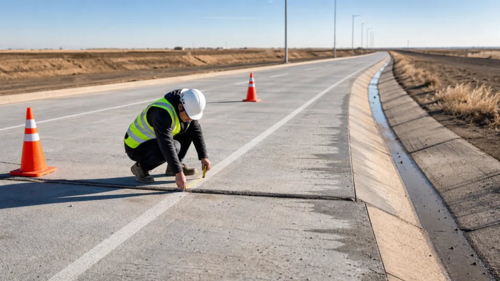 Amarillo private concrete roadway inspection with cones and measurement equipment
