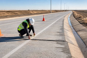 Amarillo private concrete roadway inspection with cones and measurement equipment