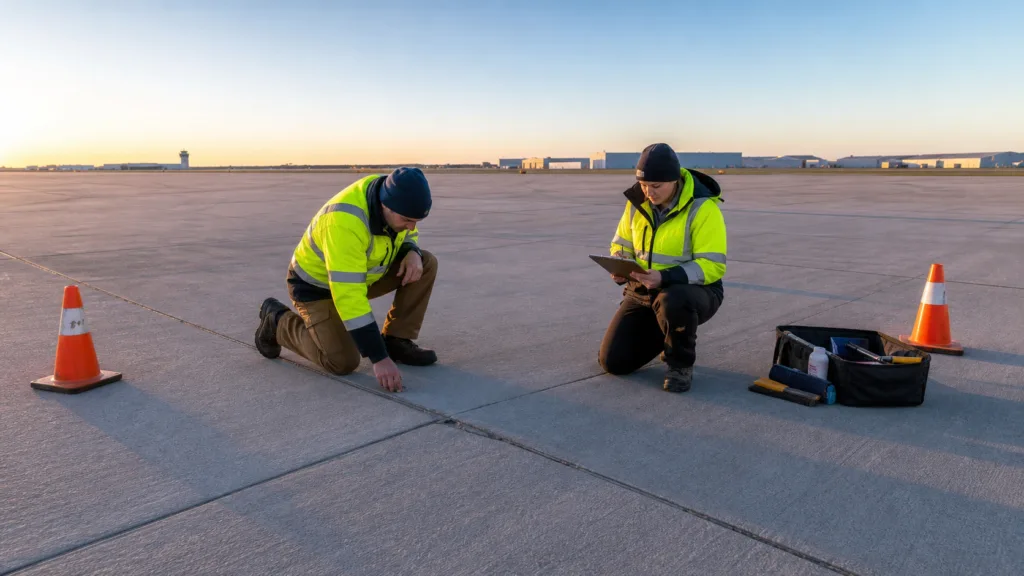 Authorized inspection of Amarillo airport concrete pavement with no aircraft present