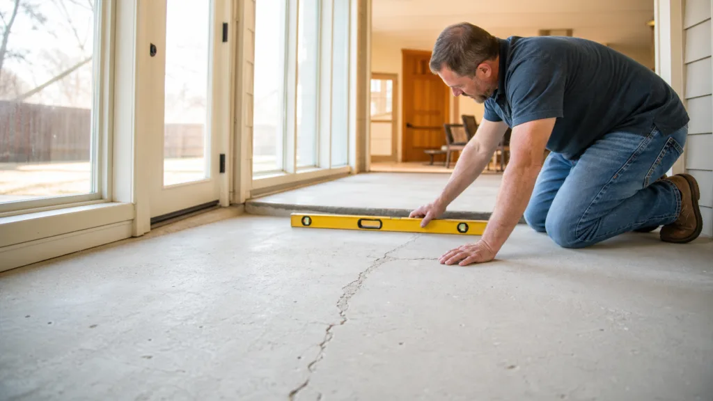 Bright Amarillo sunroom concrete floor inspected at the transition to the main house