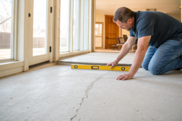 Bright Amarillo sunroom concrete floor inspected at the transition to the main house
