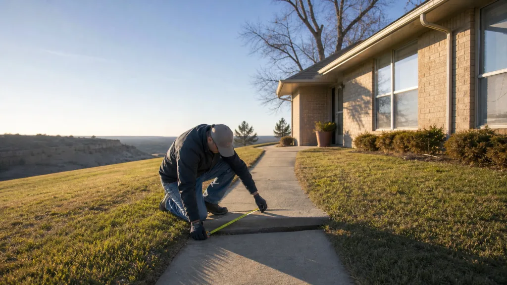 Concrete leveling assessment at a Canyon Texas home with a gently sloped site