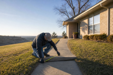 Concrete leveling assessment at a Canyon Texas home with a gently sloped site