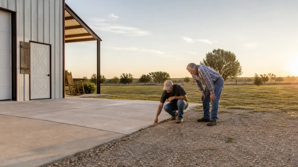 Happy Texas property owner and contractor checking an outbuilding concrete approach