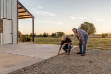 Happy Texas property owner and contractor checking an outbuilding concrete approach