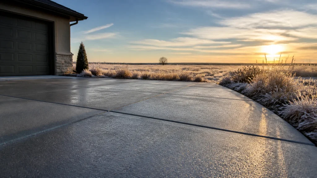 Illustration of a concrete driveway joint with winter moisture and a sealer inspection kit
