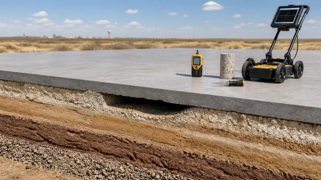 Illustration of a concrete slab cross section with subgrade and drainage observations
